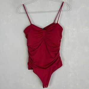 Expess bodysuit size L Bodycountour red ruched spaghetti strap flattering stretc